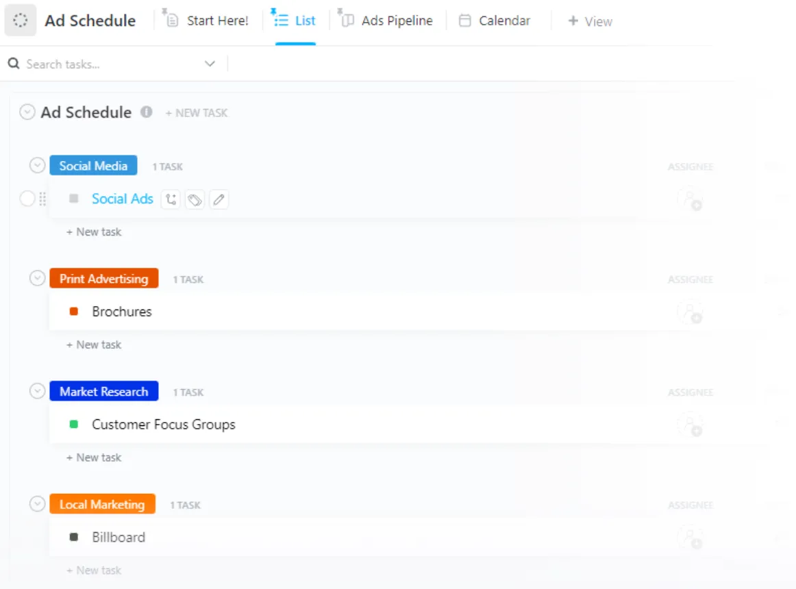 Modello di pianificazione degli annunci ClickUp