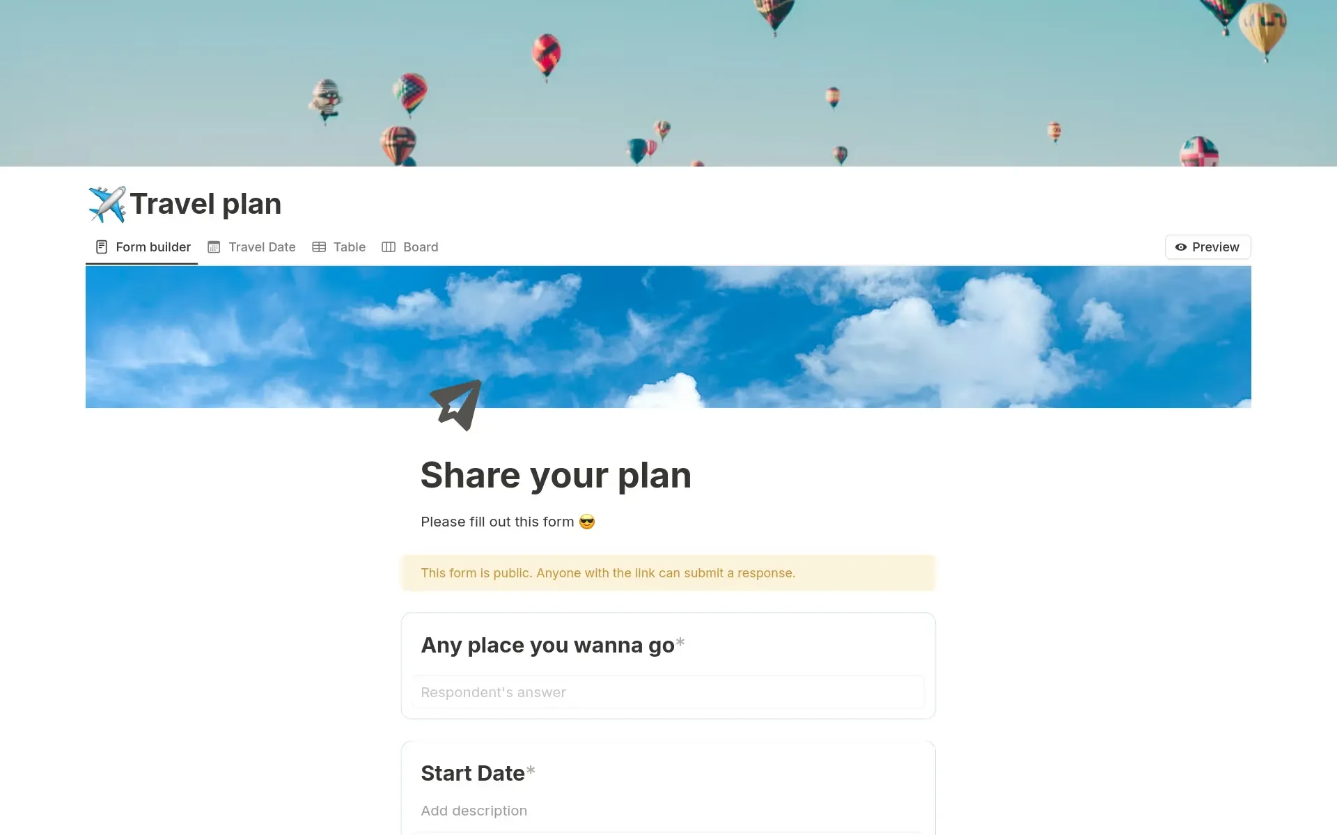 Plan paylaşımı için Notion seyahat şablonu