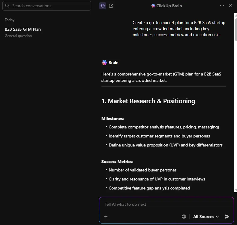 ClickUp Brain: Berikan perintah untuk membuat rencana kerja berdasarkan data ruang kerja real-time.