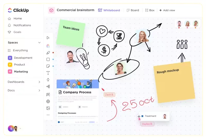 Exercite livremente sua criatividade e faça brainstorming colaborativo com os quadros brancos do ClickUp.