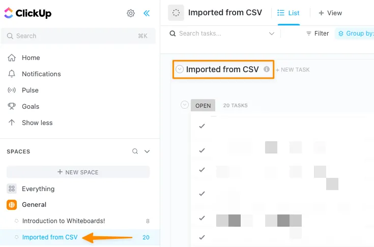 mở tệp Excel đã nhập từ không gian làm việc ClickUp của bạn