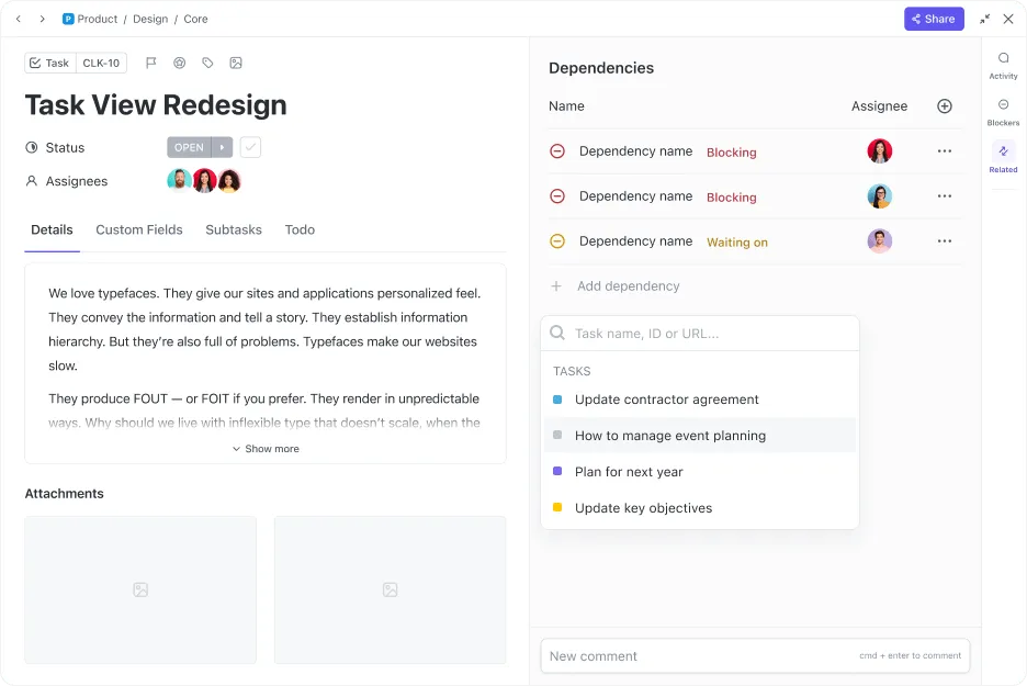 ClickUp 3.0 Visualização de tarefas Adicionando dependências