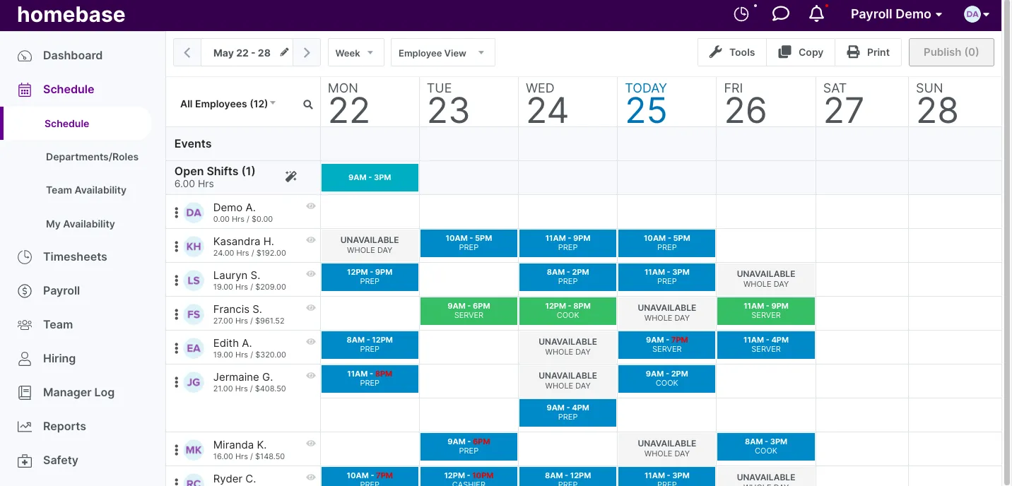 Homebase verbetert de planning door deze te integreren met andere tools voor bedrijfsbeheer, zoals HR, salarisadministratie en het bijhouden van naleving. : planner