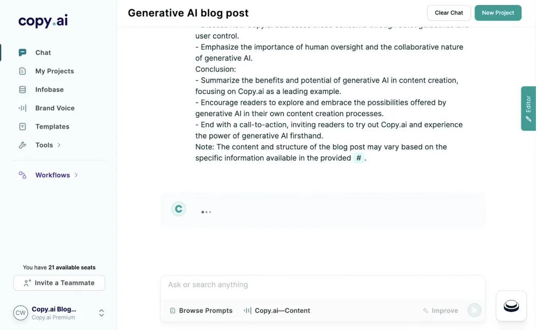 Interfaz de copy.ai IA