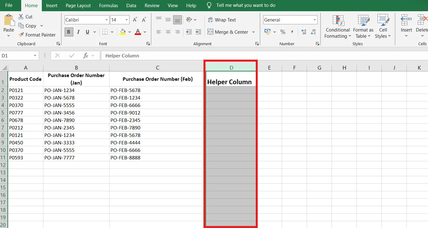 วิธีค้นหาข้อมูลซ้ำใน Excel - เพิ่มคอลัมน์ช่วยค้นหา