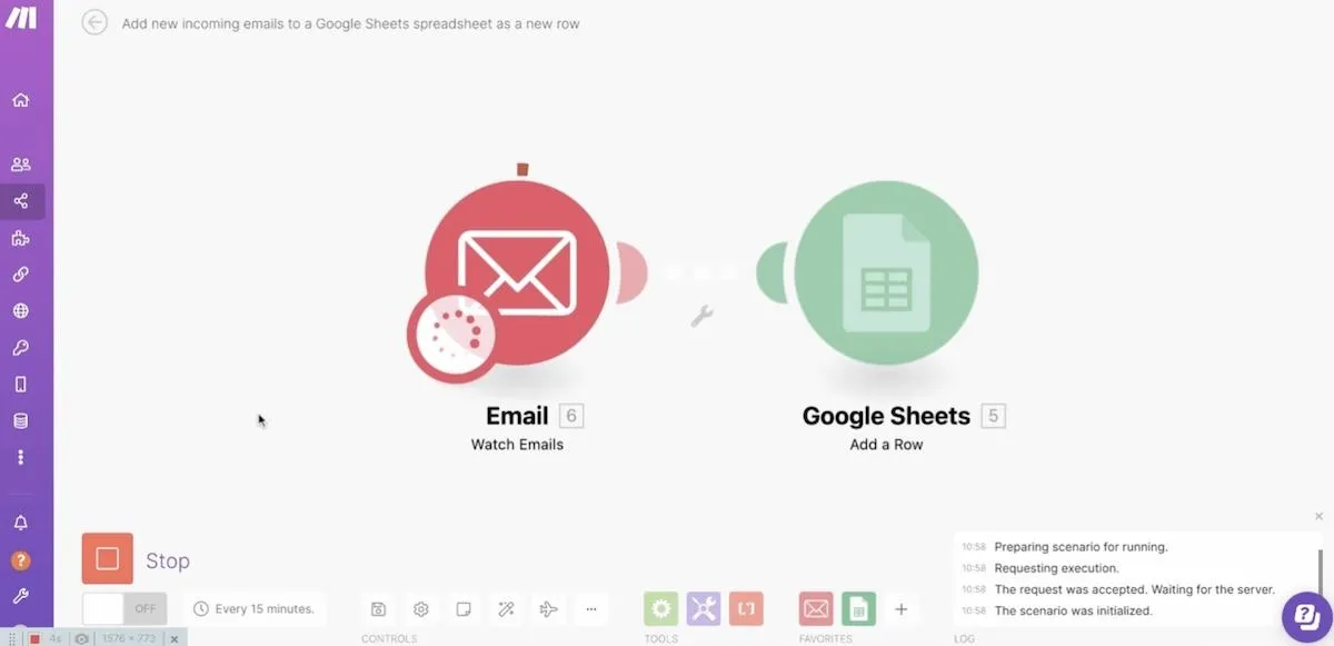 Alternativas a IFTT: automatización que conecta el correo electrónico y las Hojas de cálculo de Google en Make