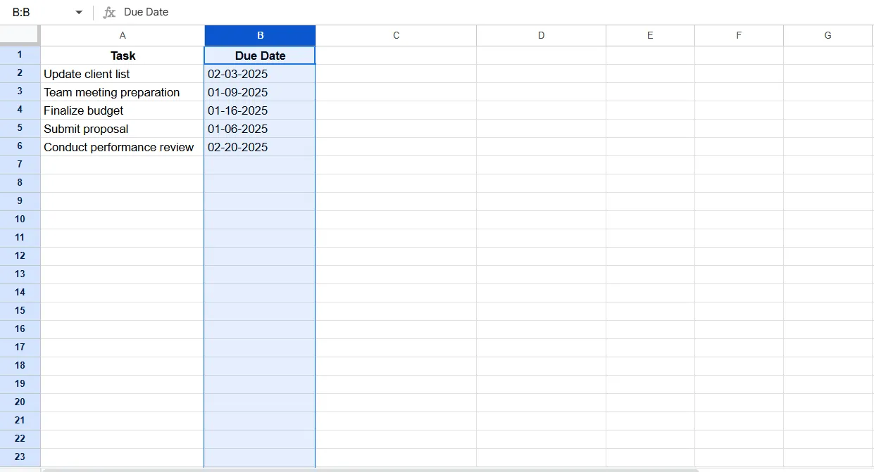 เลือกคอลัมน์ข้อมูล: วิธีจัดระเบียบวันที่ครบกำหนดใน Google Sheets