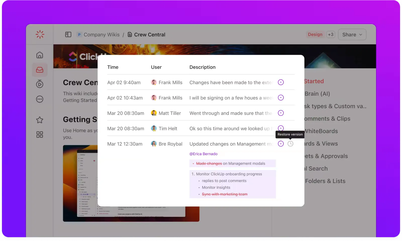 Tieni traccia di ogni modifica con autorizzazioni avanzate e cronologia delle versioni in ClickUp Docs.