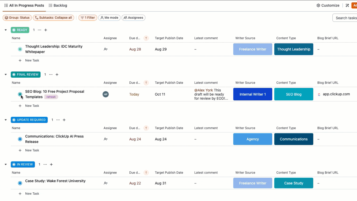 Utilisez le modèle ClickUp Content Production Scaling Template pour augmenter considérablement la production de votre blog tout en disposant d'un emplacement centralisé pour suivre, comparer, visualiser et collaborer.