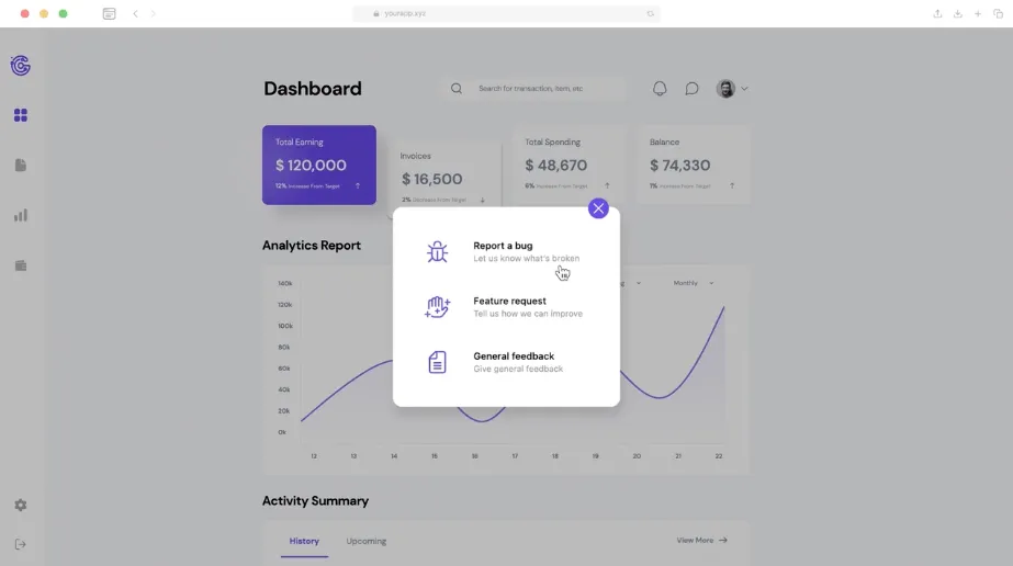 Esempio di feedback in-app sull'app Userback