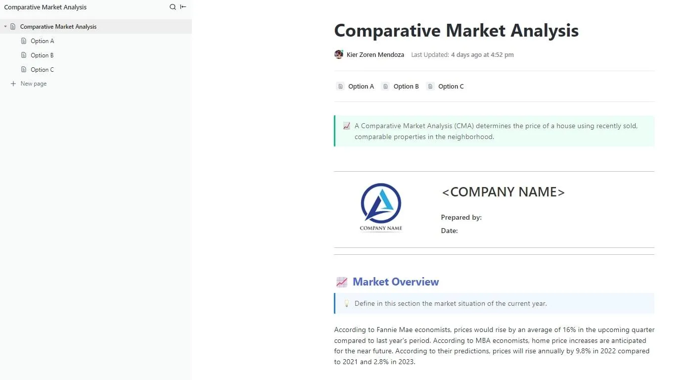 Modelo de análise comparativa de mercado do ClickUp
