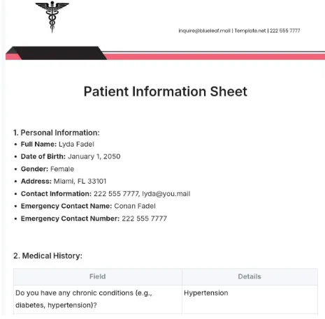 Mall för kundinformationsformulär: Mall för patientinformationsblad från Template.Net