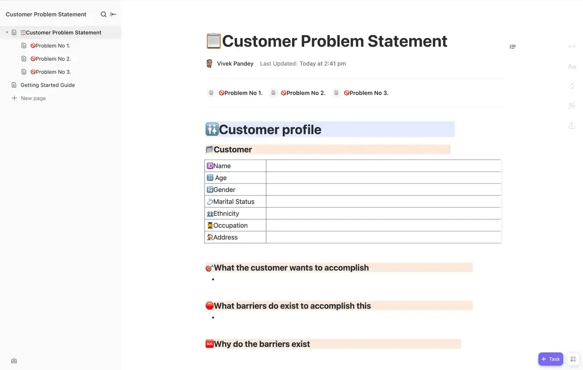 Modelo de declaração de problema do cliente da ClickUp