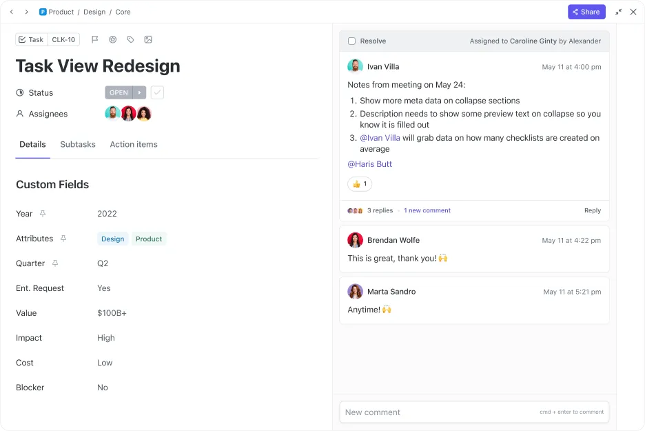 Dostosuj szczegóły zadań za pomocą pól niestandardowych ClickUp, aby uzyskać przejrzyste cykle pracy