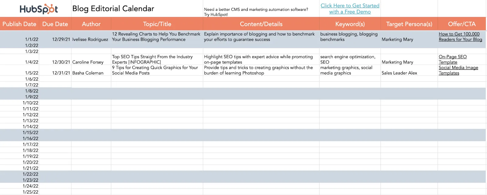 เทมเพลตปฏิทินเนื้อหาสำหรับ Google Sheets