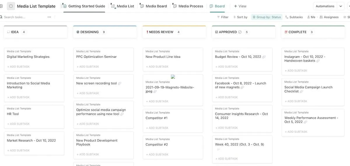 Semplifica i tuoi flussi di lavoro di gestione dei media con il modello di elenco media di ClickUp.