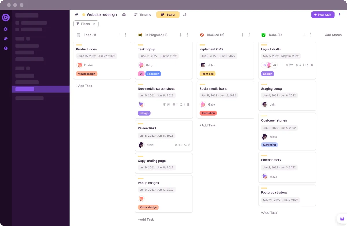 Esempio di visualizzazione del calendario di Toggl Plan
