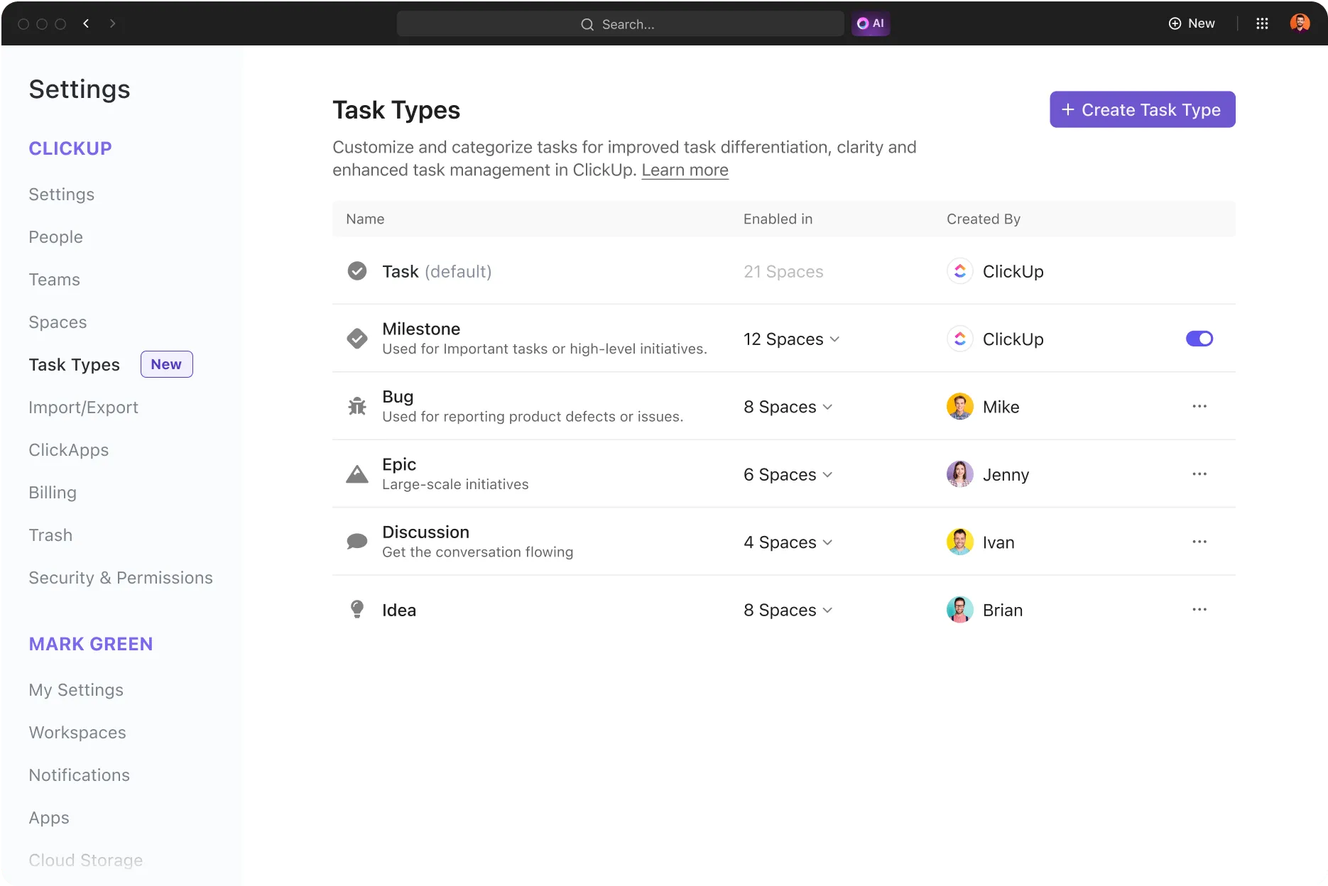 ClickUp 3.0 Types de tâches simplifiés