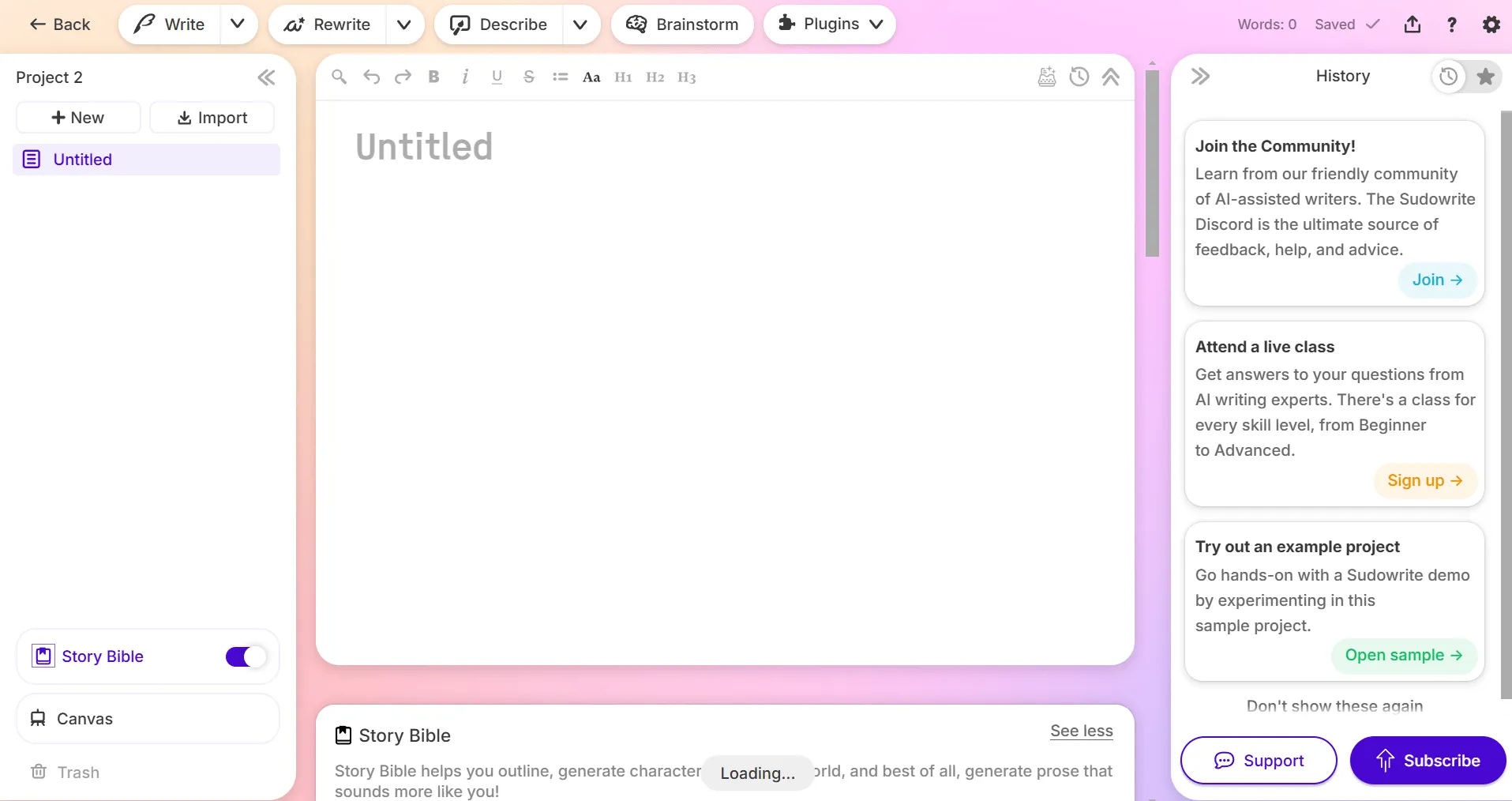 Sudowrite Dashboard: AI-skrivverktyg