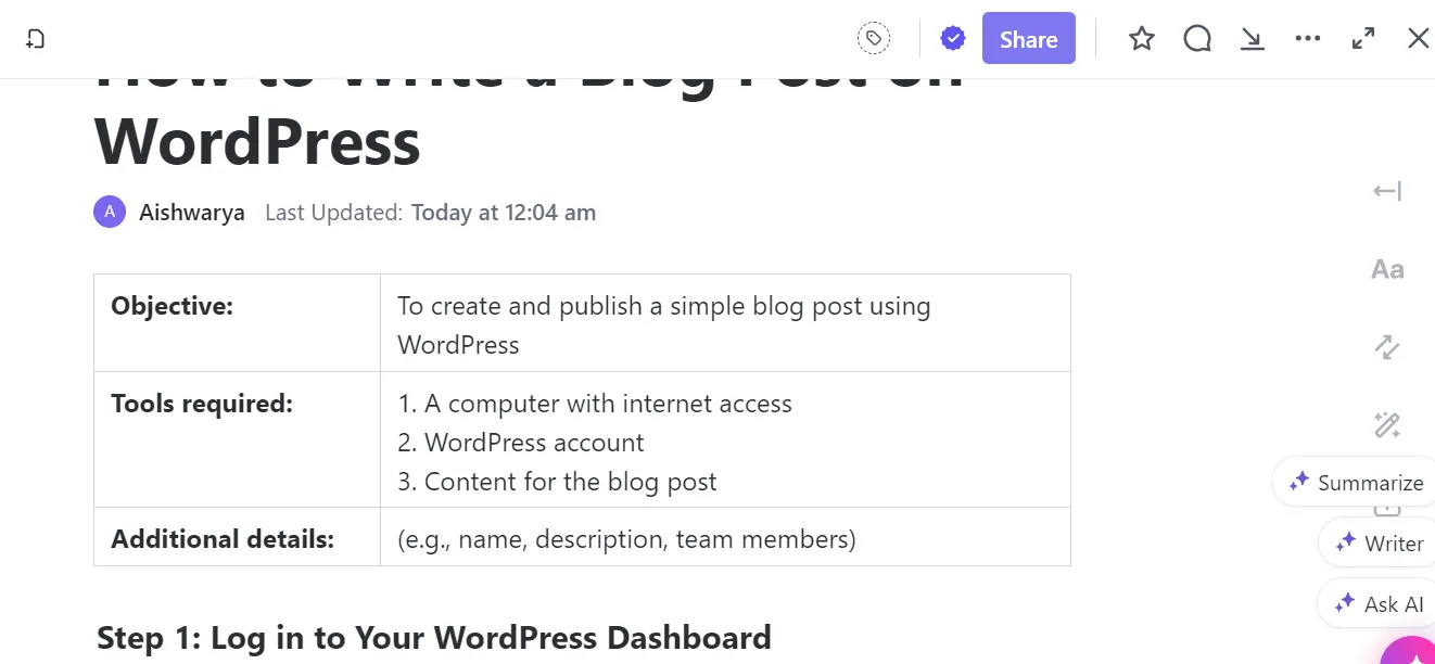 Nhấn mạnh các chi tiết bổ sung hoặc quan trọng bằng cách thêm bảng vào ClickUp Docs