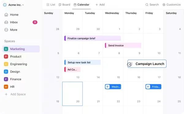 Visualizzazione del calendario ClickUp