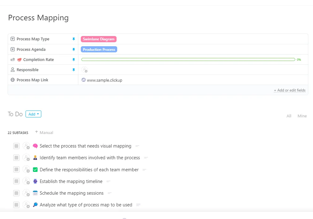 Lacak setiap detail proses—dari agenda hingga tanggung jawab—dalam satu tampilan dengan Template Pemetaan Proses ClickUp