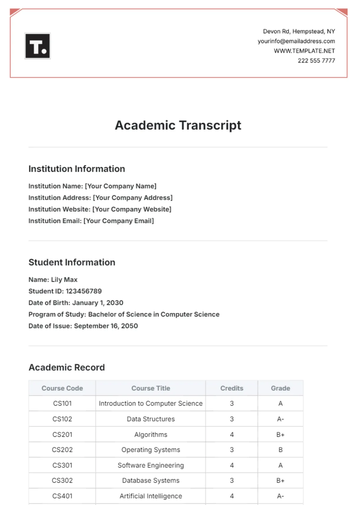 PDF-mall för akademiskt betyg av Template.Net – Mall för betyg från gymnasiet
