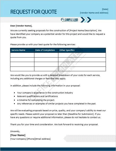 แบบฟอร์มคำขอเสนอราคาสำหรับการก่อสร้าง (RFQ) โดย Office Templates Online