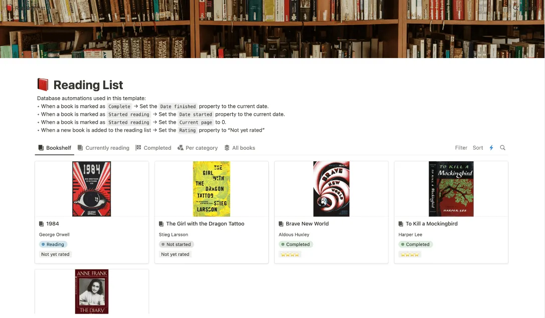 Notion olvasási lista sablon