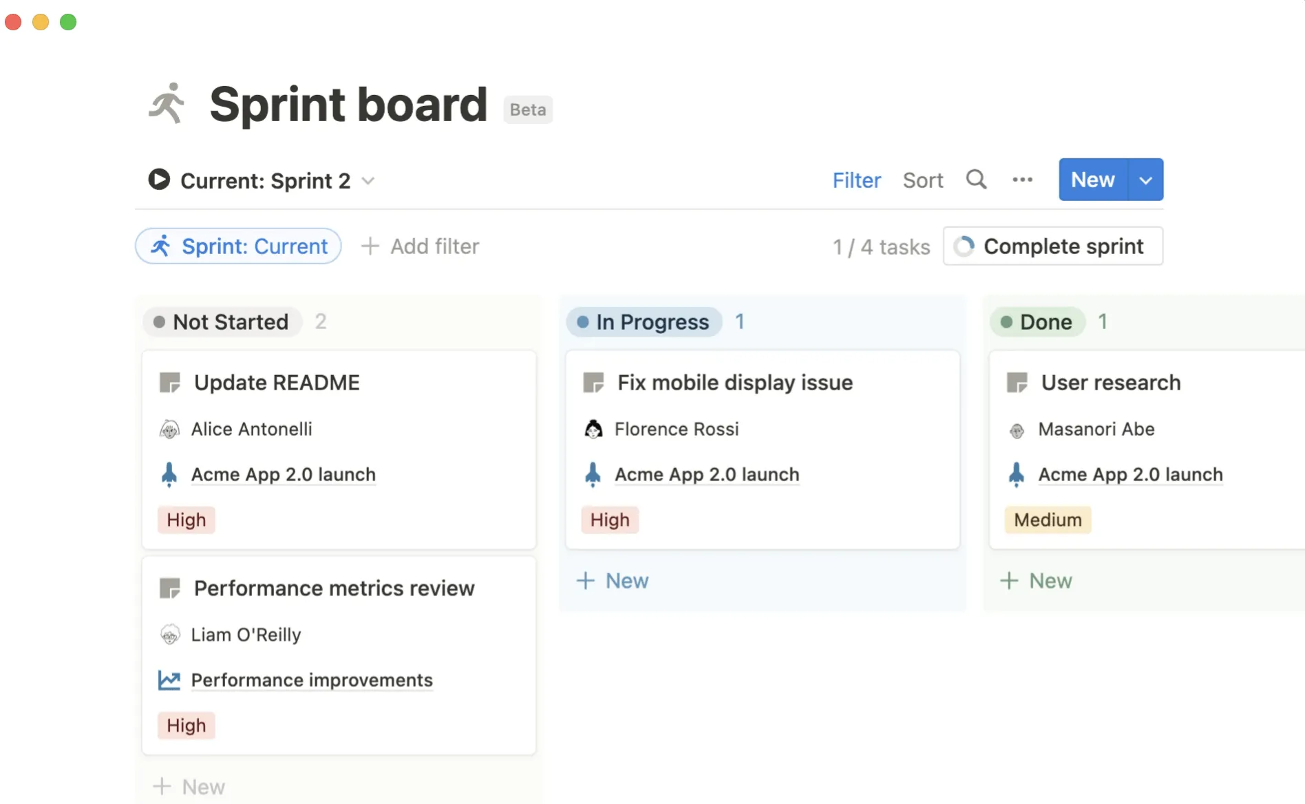 Ejemplo de tablero Sprint organizado en Notion.