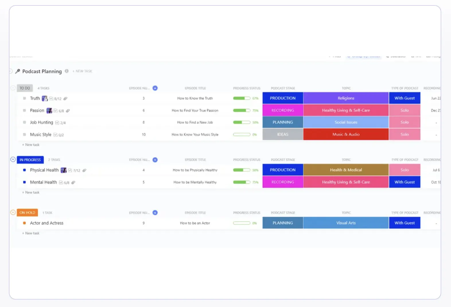 Pianifica il tuo piano per i podcast con il modello ClickUp Podcast Plan Template.