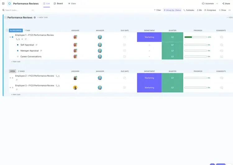 Suivez les performances de votre équipe et donnez votre avis grâce au modèle d'évaluation des performances de ClickUp.