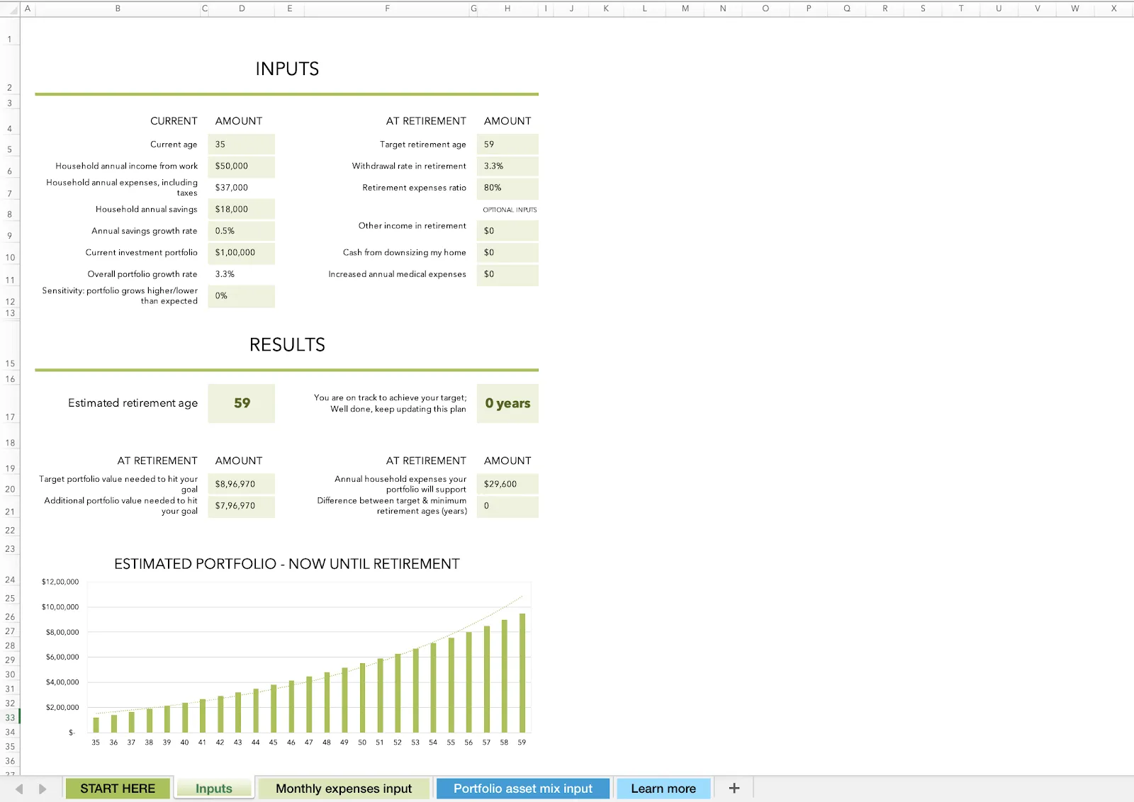 Plantilla de hoja de cálculo para la planificación de la jubilación FIRE Estimator de Microsoft.