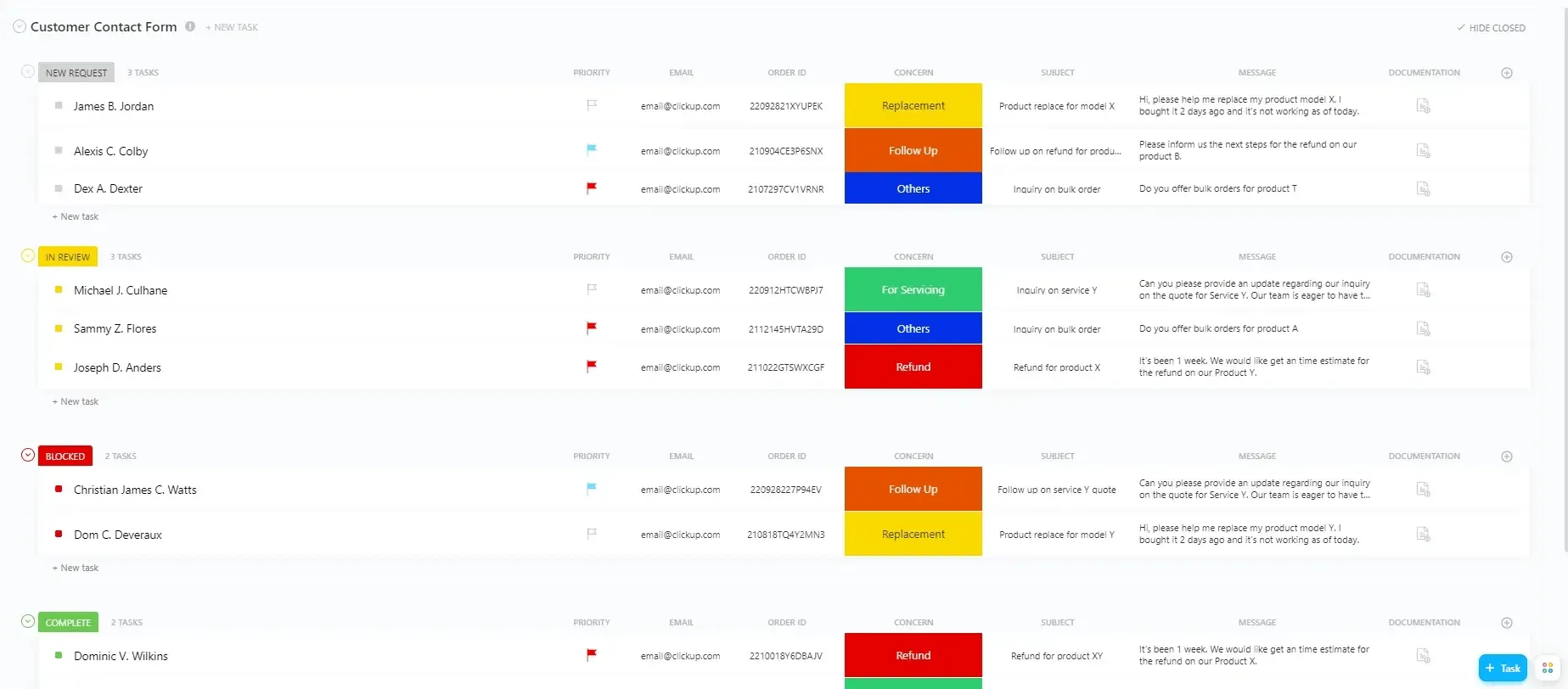Modelo de formulário de contato com o cliente do ClickUp