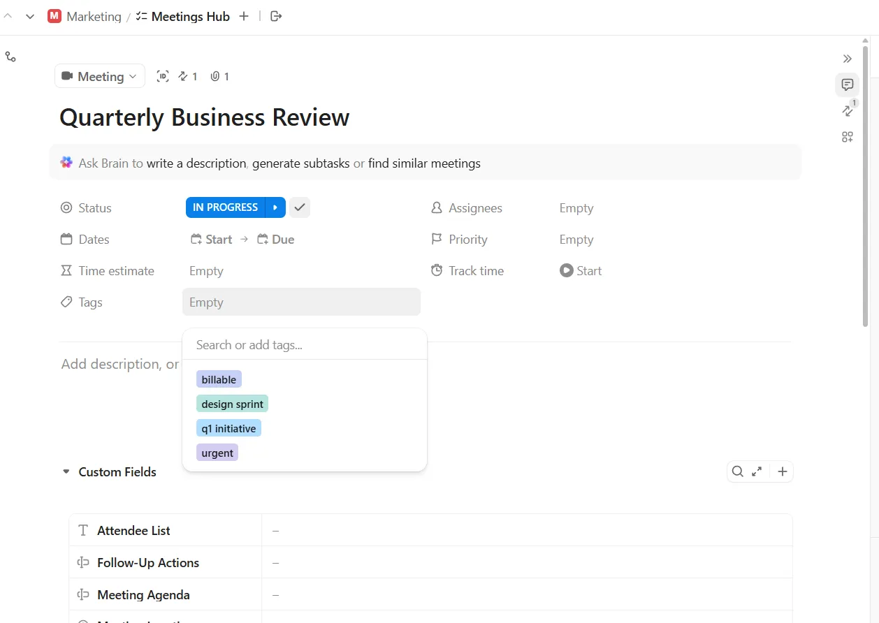 علامات مهام ClickUp: قم بتجميع مهام الاجتماعات ذات الصلة باستخدام العلامات لتسهيل التصفية والتنظيم.