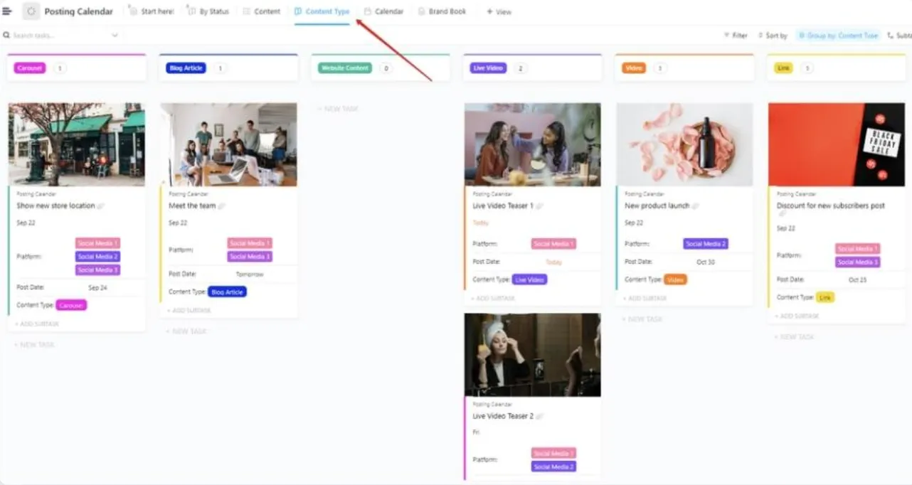 ClickUp Yayın Takvimi Şablonu ile sosyal medya akışınızı kontrol altında tutun