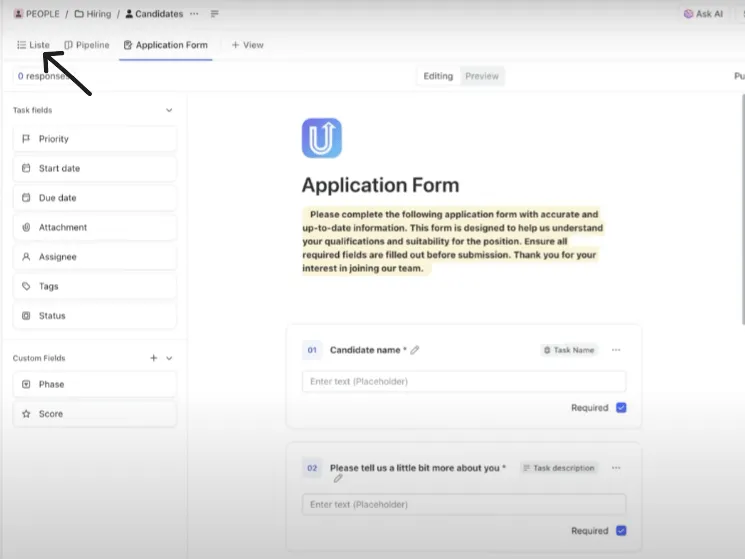 Klikněte na „Seznamy“ a zobrazte všechny odpovědi v ClickUp Forms.