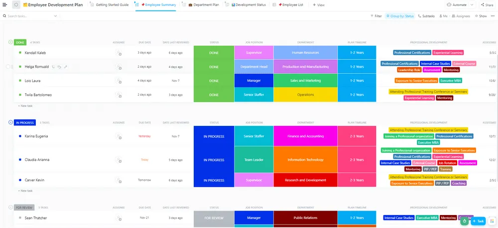 Modello di piano di sviluppo dei dipendenti ClickUp