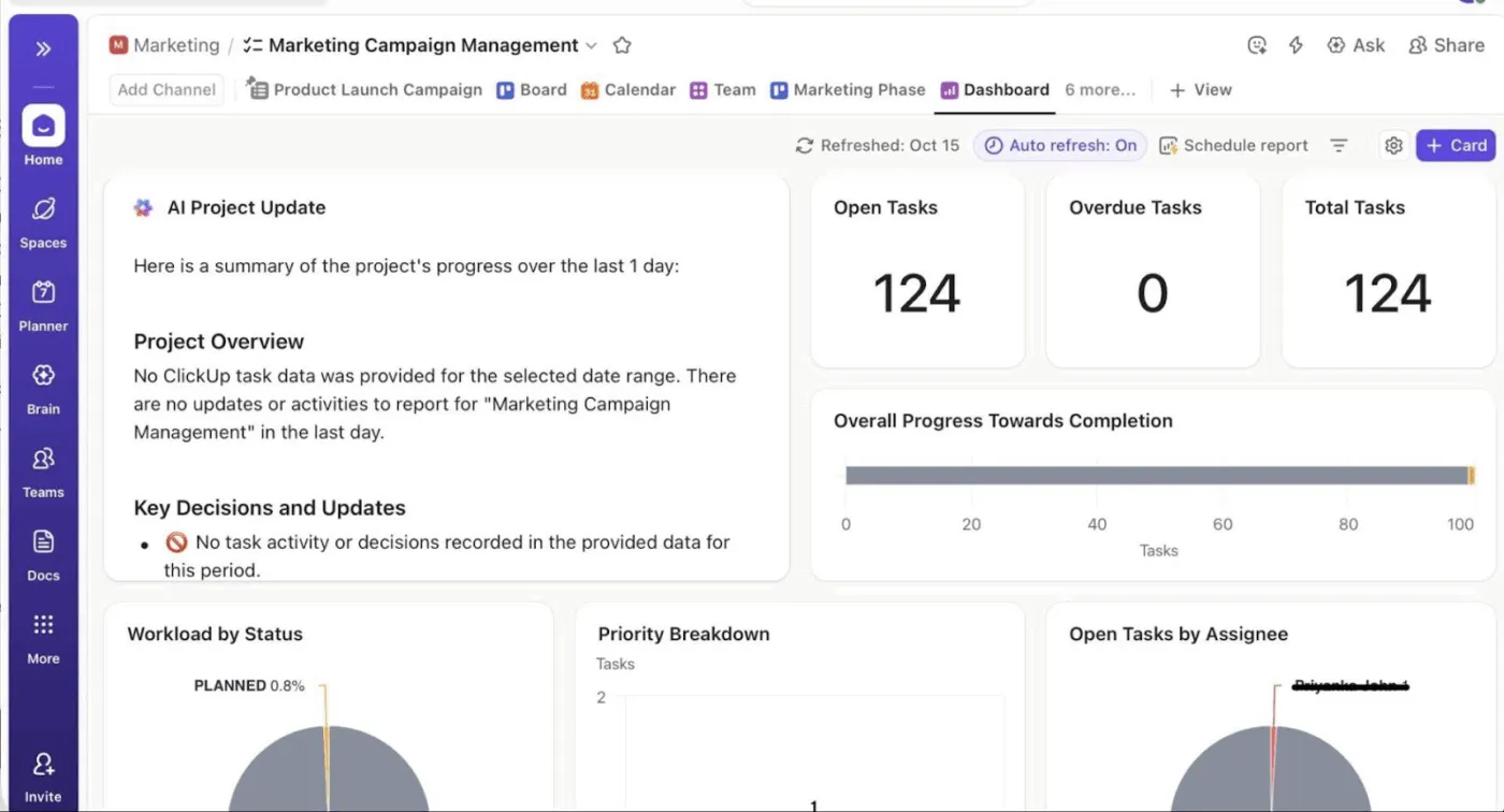 Ontvang updates over AI-projecten met ClickUp Dashboards: documenten die productmanagers moeten voorbereiden