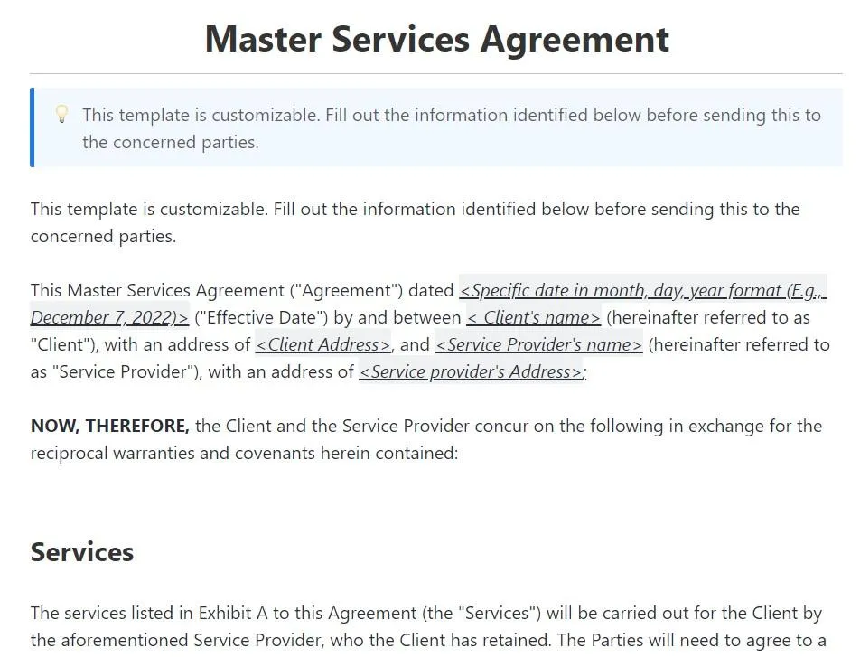 Modelos de cotação: Modelo de Contrato de Serviços Master da ClickUp