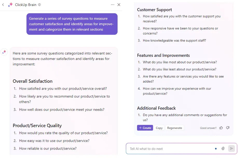 Générez des FAQ contextuelles avec ClickUp Brain.