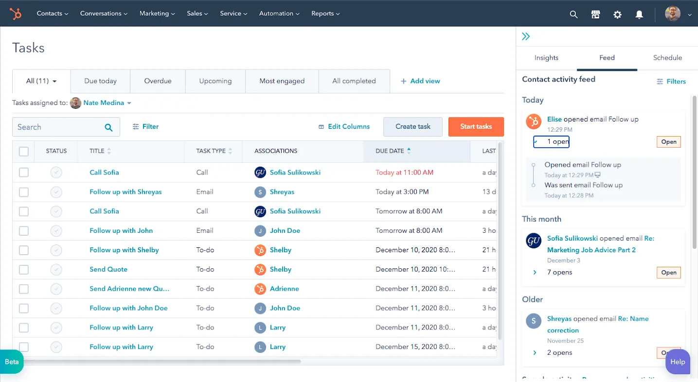 Painel de gerenciamento de tarefas da HubSpot