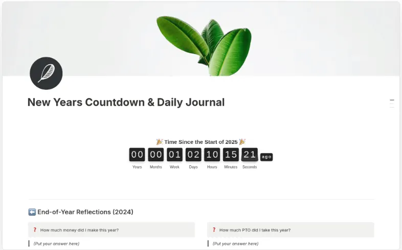 Template Jurnal Notion: Template Jurnal Harian dan Hitungan Mundur Tahun Baru