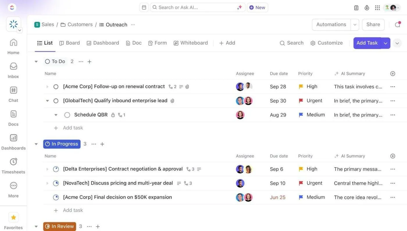 Conservez vos tâches, votre pipeline et les détails de vos transactions dans le même environnement de travail grâce à ClickUp CRM for Teams.
