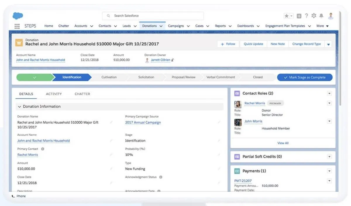 CRM para organizaciones sin ánimo de lucro: captura de pantalla del panel de Salesforce Nonprofit Cloud.
