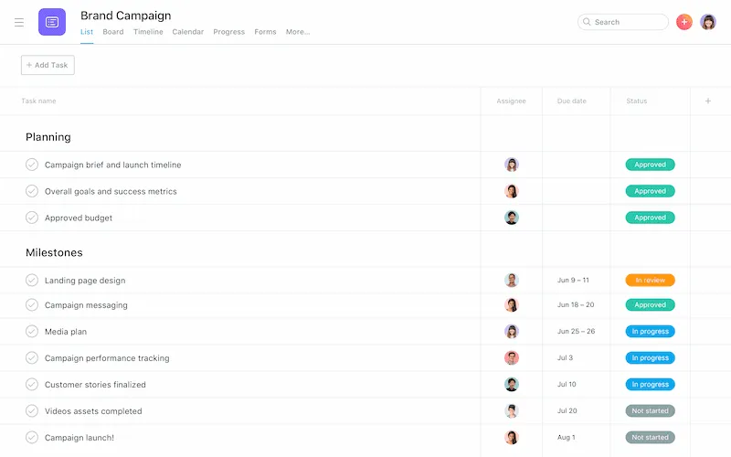Exempel på Asanas teamkalender