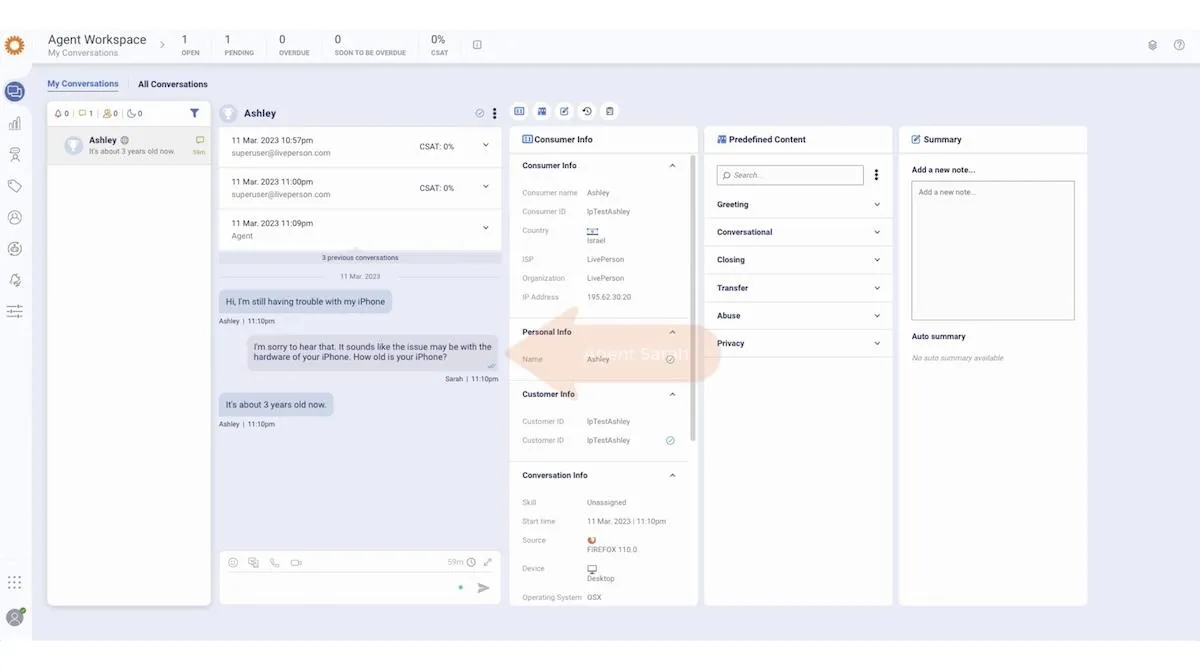 Pracovní prostor agenta LivePerson