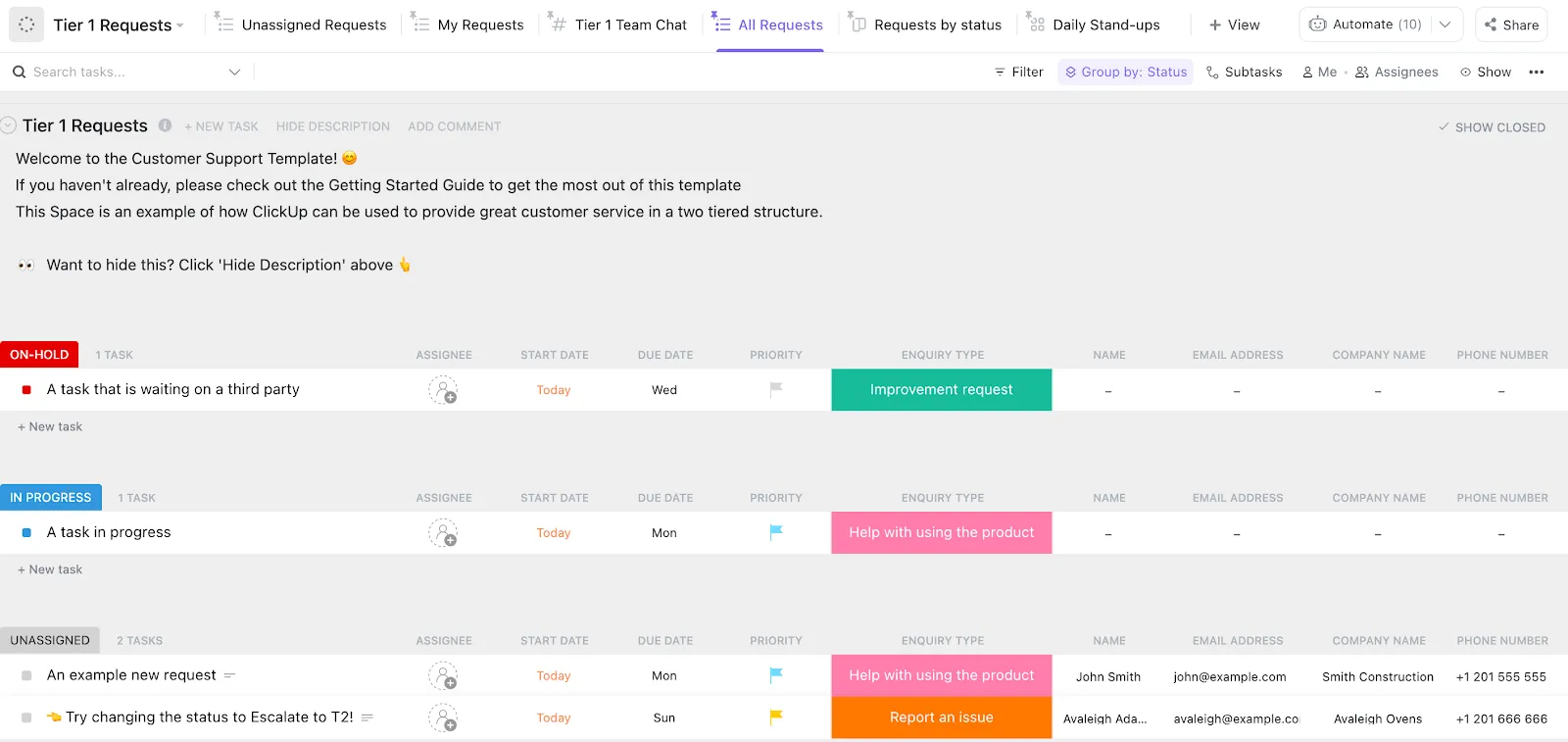 Modèle de service client ClickUp : suivez et gérez les résolutions des problèmes clients et les ressources d'assistance.