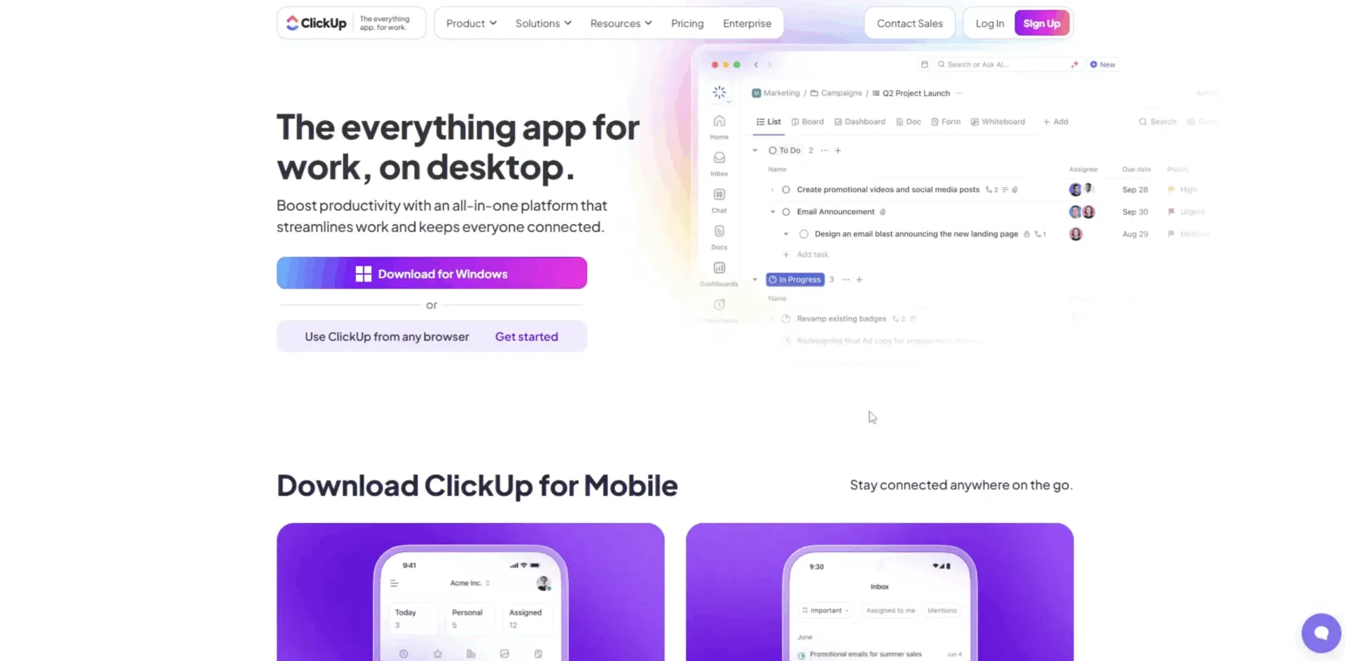 Besuchen Sie die ClickUp-Website und klicken Sie auf die Schaltfläche „Für Windows herunterladen“, um den Vorgang zu starten.