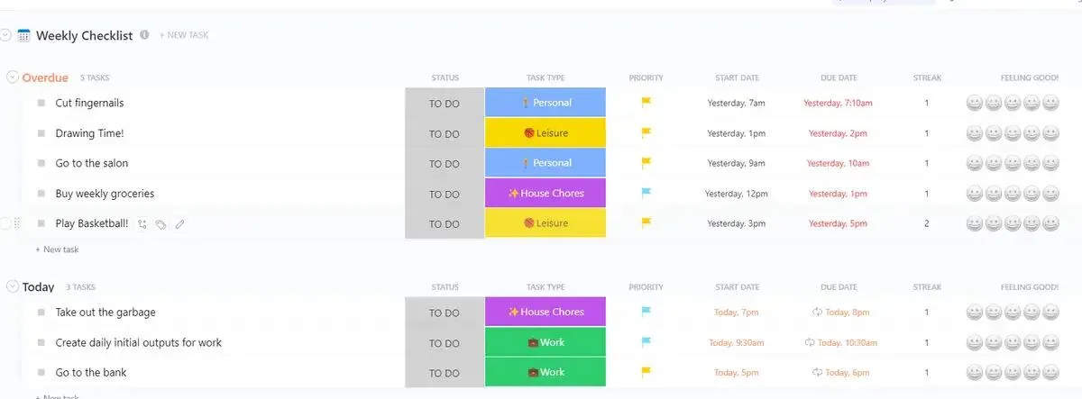 Erstellen Sie eine wöchentliche Liste mit Aufgaben, verfolgen Sie Ihren Fortschritt und lassen Sie sich mit der wöchentlichen Checkliste-Vorlage von ClickUp zu Ihren kurzfristigen Zielen inspirieren.